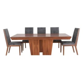 Comedor Siena De Madera Tzalam Natural Para 8 Personas Rectangular Mesa Y Sillas De Tela Color Gris